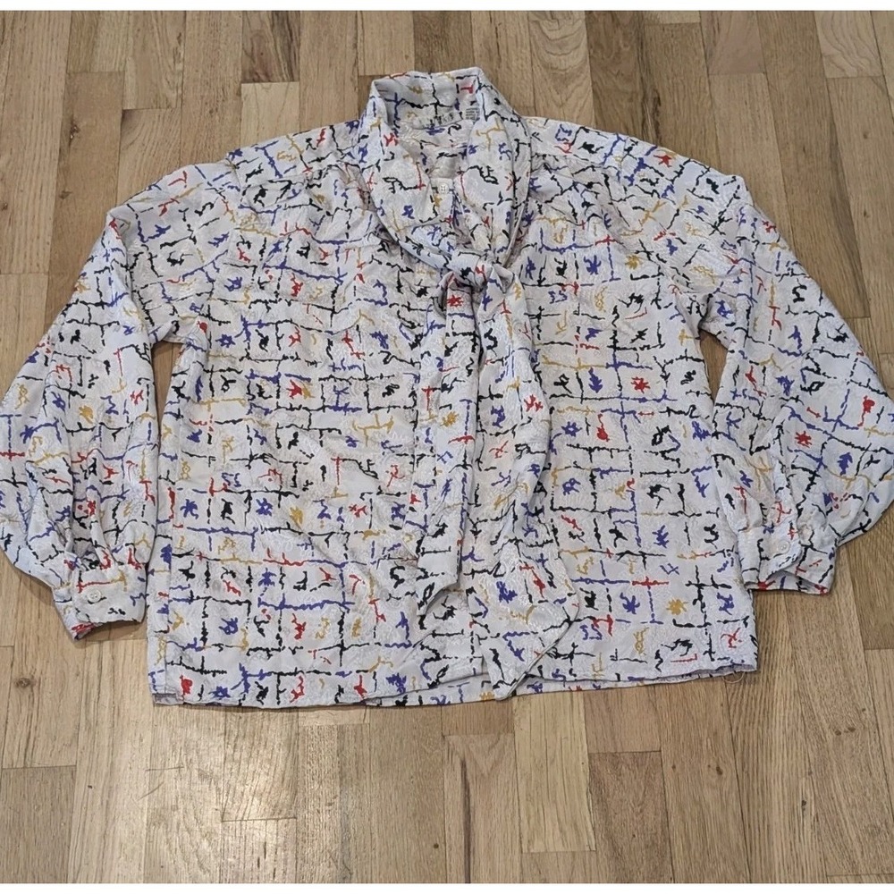 Vintage 90s ALFRED DUNNER Bowcollar Blouse Top Button Up Shirt Women's 10 Silky